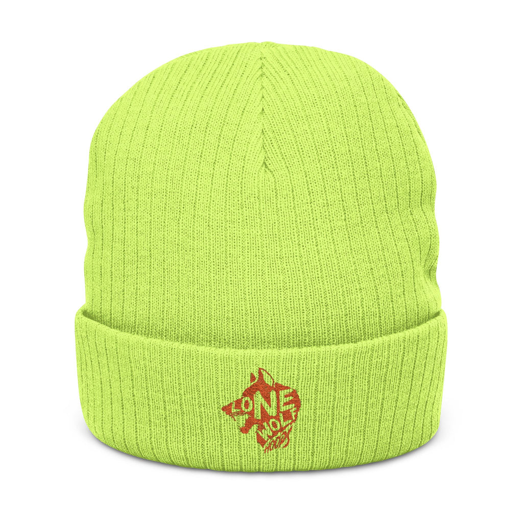 Embroidered Lone Wolf Hoops Ribbed Knit Beanie