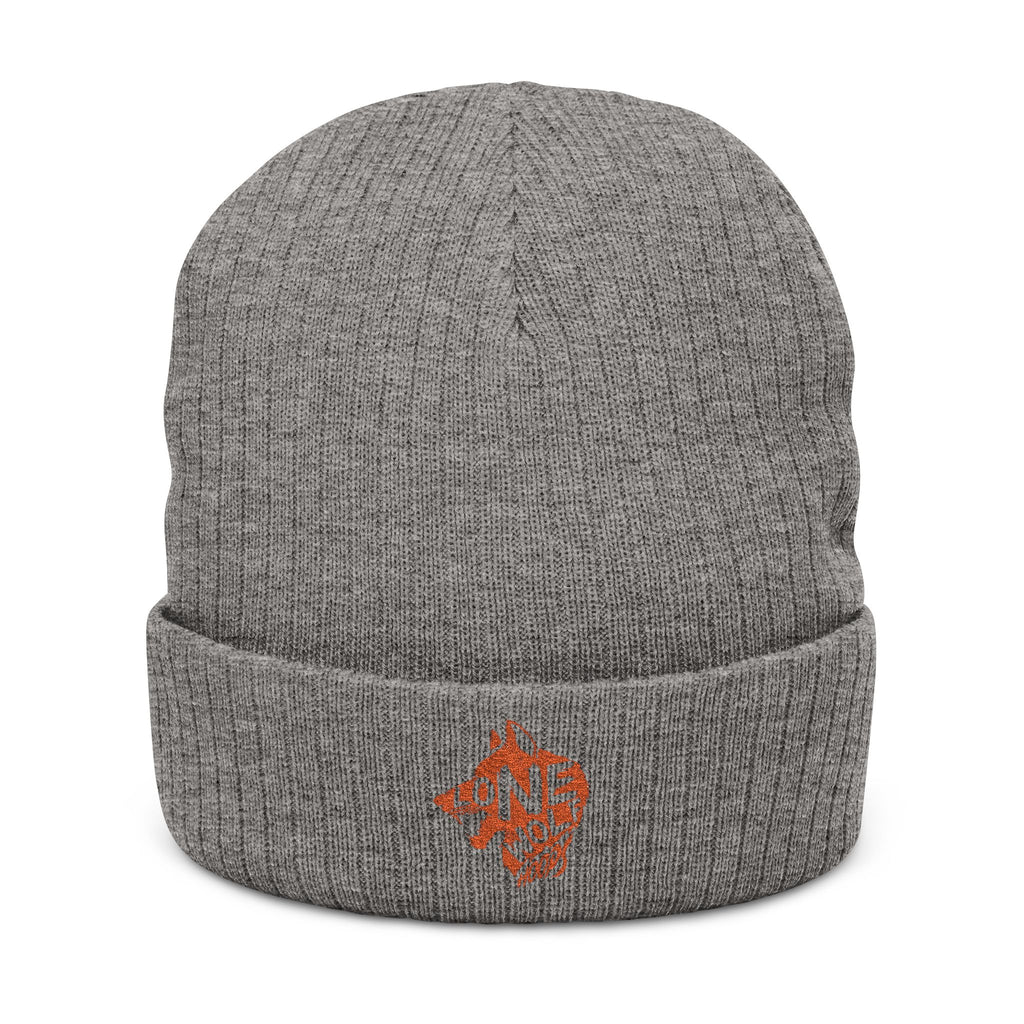 Embroidered Lone Wolf Hoops Ribbed Knit Beanie