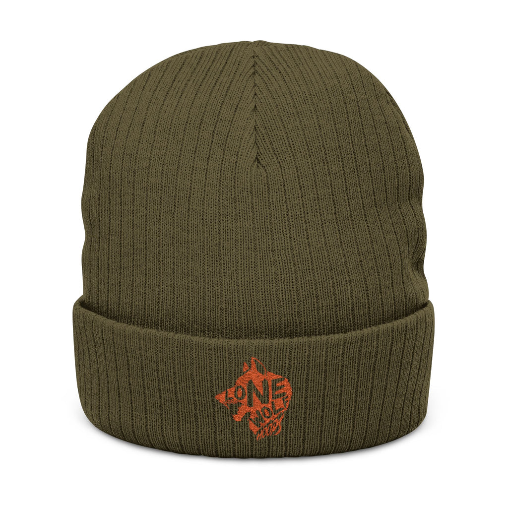 Embroidered Lone Wolf Hoops Ribbed Knit Beanie